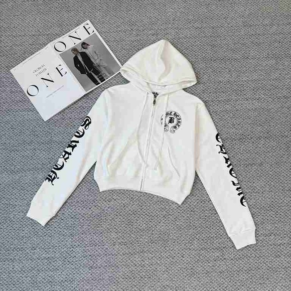 Chrome Hearts White Zip-Up Cropped Hoodie with Black Graphics - Picture 1 of 7